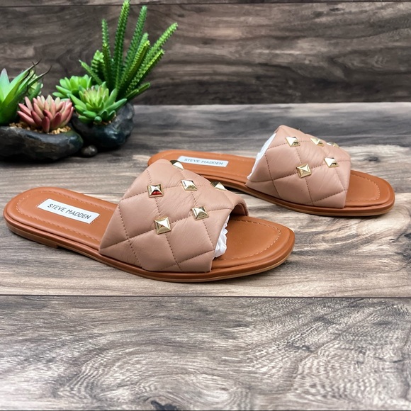 NIB Steve Madden Trouble Tan Nude Leather Pyramid Stud Slide Sandal 8M - Picture 4 of 10